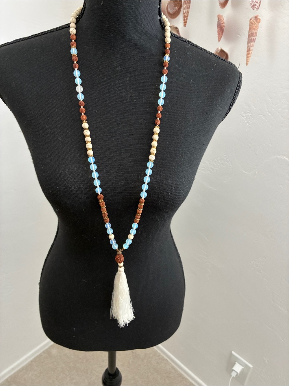 Boho Tassel Beaded Necklace - Cream, Light Blue & Brown